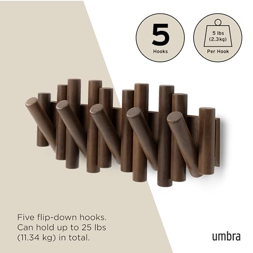 Umbra Picket Wall-Mounted Coat Rack Rail Hook with 5 Retractable Wood Pegs – Modern, Space-Saving Storage Organizer, Walnut - color: Walnut, size: 5-Hook
