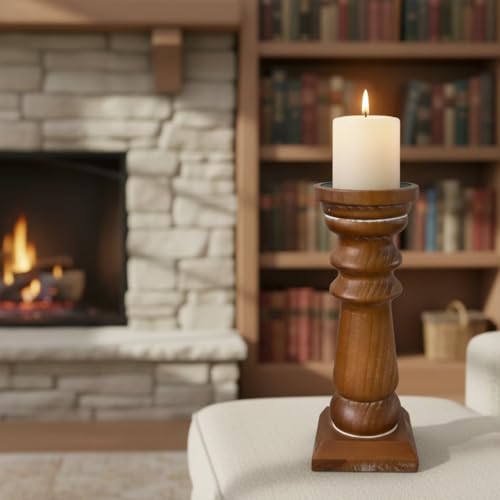 Wood Pillar Candle Holders 14 Inch Tall, Handmade Antique Brown Farmhouse Candle Holders for Pillar Candles, Natural Decorative Candlestick Holders, Rustic Candle Holder for Table Centerpiece