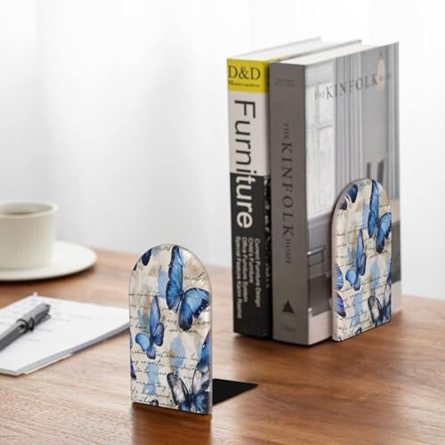 Decorative Bookends 2 Pcs Watercolor Ble Butterfly Animal Wood Bookends for Shelves Heavy Books Kids Non-Skid Book Ends Stoppers for Office Desk Kitchen School - color: Watercolor Ble Butterfly Animal