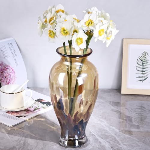 Hand Blown Glass Vase 11.8" Tall Beautiful Amber Gold Sea Wide Mouth Bud Vase for Table Centerpiece, Painted Colorful Murano Glass Flower Vases for - Home Entrance Wedding Center - color: Electrum