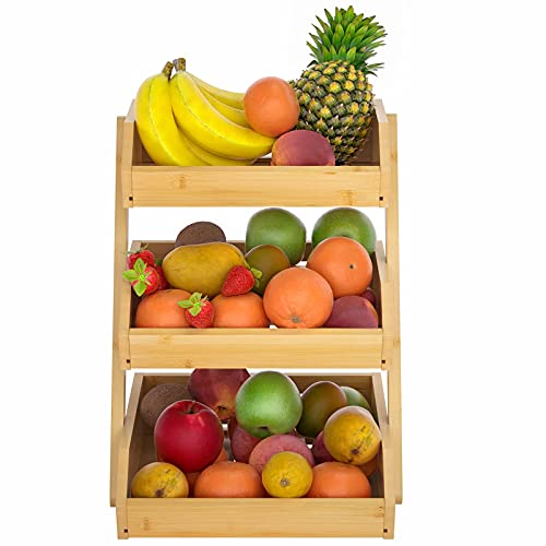 Merysen Large 3 Tier Bamboo Fruit Basket Stand for Kitchen Countertop – Fruit Holder – Suitable for Bread, Vegetables, Produce, Home Storage and Display - size: 3 Tier