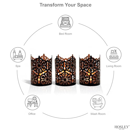 Hosley Set of 3 Black Finish Metal Candle Holders 4 Inch High Lattice Cut Lanterns for Coordinated Elegance and Enchanting Illumination Elevate Your Decor - color: Black, size: 4 inch High