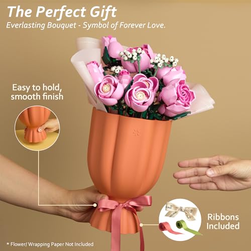 Bouquet Vase for Lego & Crafted Flowers - Flower Arrangement Vase with Floral Grid & Ribbons, Impact Resistant, BPA-Free ABS Plastic, Home Decor Gift for Lego & Flower Lovers (Terracotta Orange)