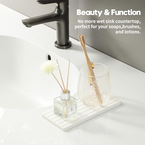 Razborci 2PCS Water Absorbing Stone Drying Tray Mat For Bathroom Sink & Kitchen Counter Faucet Organizer Decor, Quick Dry Dish Soap Dispenser Sponge Holder, Vanity Sink Caddy Bar Coaster,White-8"*3.8" - color: 2pcs - 8"x 3.8" - White