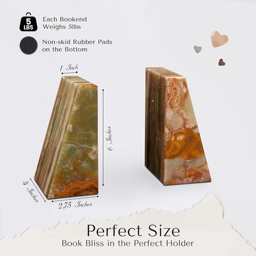 Modern Wedge Marble Bookends – Hand Carved, Polished Stone Bookends w/Non-Slip Rubber Pads – Lightweight & Compact Decorative Bookends (Whirl Green Onyx) - color: Whirl Green Onyx