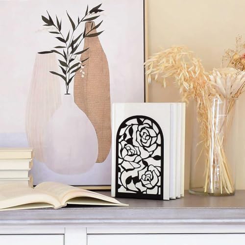Elegant Rose Bookends Hollow-Out Rose Flower Book Ends Shelves Organizer Metal Book Stands Journal Book Holder Reading Room Decorative Bookends Library Book Stoppers for Office Home School (Black) - color: Black