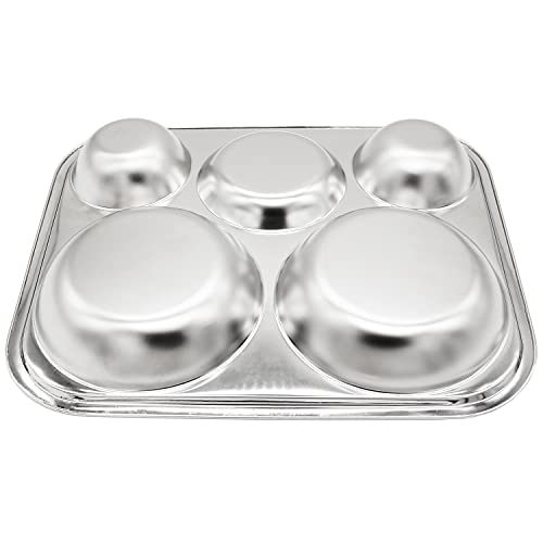 Korean Stainless Steel Divided Plates for Adults, Teens, Premium 304, Electro-Polished, No Black Residue, BPA-Free, Large 5-Compartment Food Tray, Diet Portion Control, Camping, Set of 2 - size: 5 Compartments (13x11Inch)