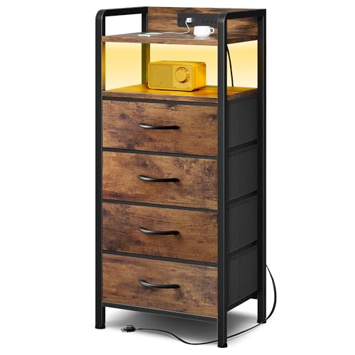 Lazzanto Night Stand Bedside Table Bedroom - Tall Nightstand with Charging Station & LED Light Strip, Bed Side Table with Storage Shelf & 4 Drawers, End Table with U-S-B Ports & AC Outlets, Brown - color: Rustic Brown, size: 4 Drawers