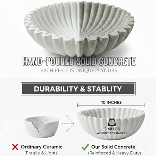 Hand-Poured Solid Concrete Decorative Bowl - Scalloped Ruffle Large Fruit Bowl, Organic Modern & Wabi Sabi Centerpiece for Kitchen Counter, Entryway Key Holder, Coffee Table Decor(10" Beige) - color: White