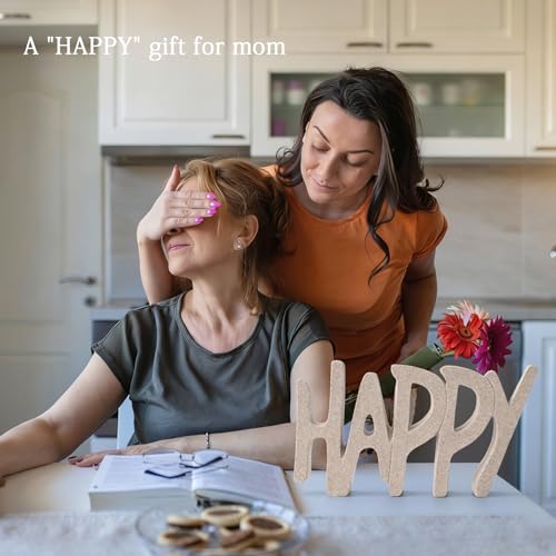 Happy Sign Decor Statue for Shelf Living Room Bookshelf CoffeTable and Office Display, Modern Home Decor Aesthetic Sculpture, Unique Gift for Mom Grandmom Womens Mens or Friends (Sandstone)