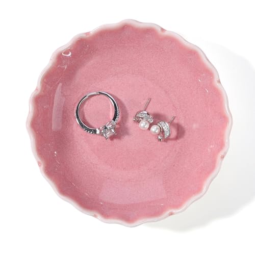 HOME SMILE Ring Jewelry Dish Pastel Pink Ruffled Ceramic |Trinket Tray for Earrings, Necklaces|Mothers Day Birthday Friendship Gifts for Women|Vanity Organizer & Bathroom Decor - color: Pink