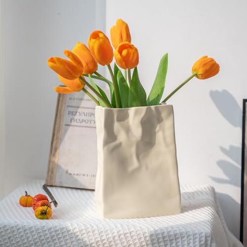 Relexome Paper Bag Vase Crinkle Wide Ceramic Flower Vase Cream White Boho Wabi-Sabi Vases, Cute Home Office Living Room Decor Aesthetic Unique Bookshelf Decorative, Bouquet Gifts for Women Girl 8 Inch - color: Cream White