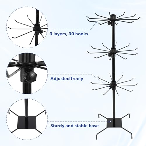 COMNICO 2 Pcs Retail Display Stand, 3-Tier Rotating Rack Black Metal Necklace and Bracelet Organizer Jewelry Stand Heavy Duty Adjustable Countertop Stands for Retail Earring Keychains Jewelry