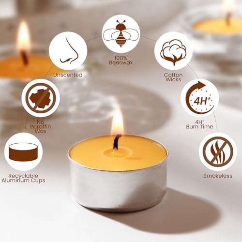 50-Pack Pure Beeswax Tealight Candles in Aluminum Cups - 4-5 Hour Burn Time, Lead-Free Cotton Wick, Natural Unscented Candles - color: Raw