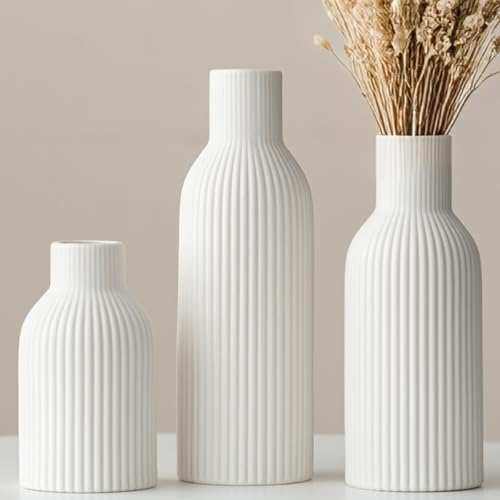 Modern Ceramic Vases Set of 3, White Ribbed Decorative Vases, Shelf Table Centerpiece for Home Decor, Birthday Gifts for Women, Mom, Grandma Decorative (White) - color: White