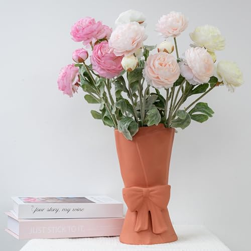 Relexome Pink Ceramic Bow Vase 9.64 in Unique Cute Modern Decorative Bouquet Flower Vases for Home Living Room Table Decor Women Girl Gifts - color: Pink