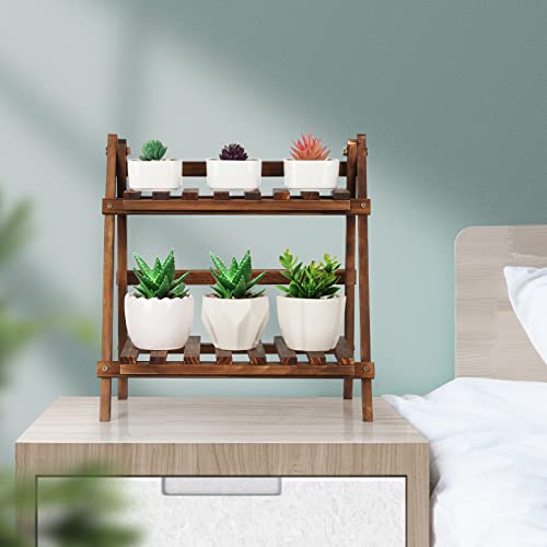 Jotsport 2 Tier Tabletop Plant Stand Step Style Desktop Storage Organizer Wood Display Shelf Decorative Storage Rack, Foldable Small Plant Shelf - color: Carbonized