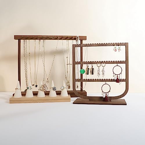 GemeShou wooden hanging jewelry organizer, walnut jewelry display holder for selling, dangle necklace storage shelf, 3 tier earring display stands for selling【Jewelry shelf-3 tier】