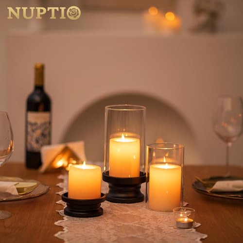 NUPTIO Hurricane Glass Candle Holder: Set of 2 Black Pillar Candle Holders with Glass Cylinder - Metal Pillars Candleholder for Halloween Thanksgiving Fireplace Living Room Decor - color: Black