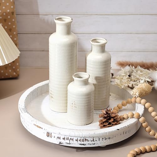 White Ceramic Vase Set of 3, Rustic Vase for Farmhouse Shelves, Ocean Beach Style, Mantle, Fireplace, Coffee Table, Shelf for Living Room - color: 3pcs-crack White