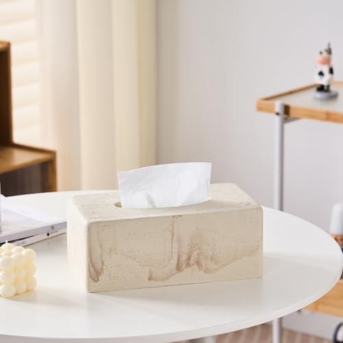Natural Travertine Textures Tissue Box Cover Rectangular (Only Suitable for Standard Sized Tissue Box) for Decor,Resin Tissue Box for Bathroom Countertop,Bedside,Office（Made of Resin, Height of 4 in - color: Yellow Stone L