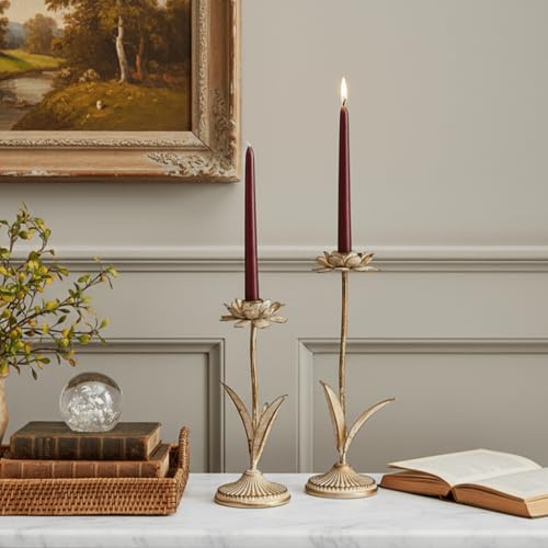 Antique Gold Metal Flower Taper Candle Holder, Rustic Farmhouse Style, Set of 2, Centerpiece Wedding Festive Christmas Mantel Decoration