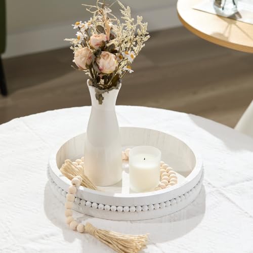 Decorative Wooden Tray: Beaded Round Coffee Table Tray for Centerpiece, Rustic Farmhouse Wood Serving Tray for Entry, Living Room and Kitchen Counter Decor, 11.8 inch - Distressed White