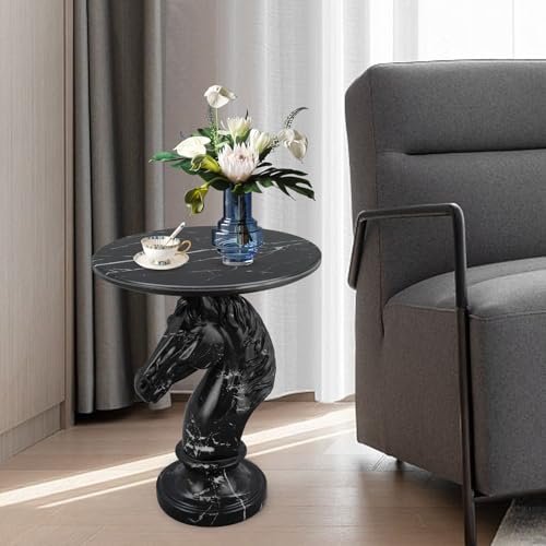 Sculptural Horse Side Table - End Table with Faux Marble Top Unique Horse Statue Decor for Living Room Bedroom Entryway Elegant Animal Sculpture Unique Horse Lover Gifts - color: Black Horse Base