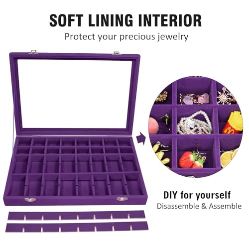 Vicoter Velvet Jewelry Tray 48 Compartments Jewelry Display Organizer with Transparent Cover Rings, Earrings, Necklaces, Pendants Storage Box for Girls, Wives, Mothers, Women - color: Purple, size: 48 Grid