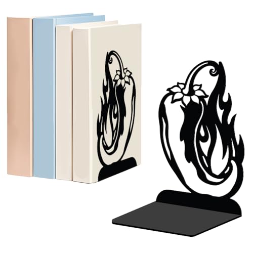 WADORN 1 Pair Chili Pepper Decorative Bookend for Shelves, Black Heavy Duty Metal Book Ends Non-Skid Book Stand Organizer Holder for Home Living Room Library Office Dorm Movies CDs, 5.3x4.3x7.9 Inch - color: Chili Pepper