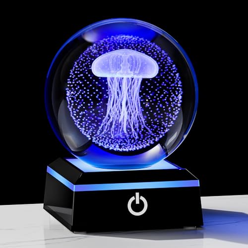 Qianwei Jellyfish Lamp for Women 3D Crystal Ball 3.14'' - 80mm Laser Jellyfish Decor Glass Animals Jellyfish Night Light Gifts Figurines Statue for Room Decorations Jellyfish Stuff - style: Jellyfish