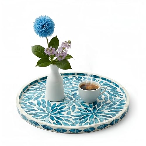 Chunful Mother of Pearl Round Serving Tray Wood Coffee Table Tray 10.4 Inch for Tea Breakfast Kitchen Cabinet(Leaf Style) - style: Leaf Style