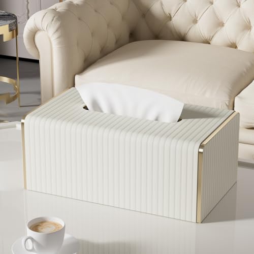 Tissue Box Cover,White Rectangle Leather Tissue Box Holder with Gold-Tone Edging Decoration,Decorative Tissue Cover for Bathroom Toilet Bedroom Living Room Table Desk Office (White, Rectangle) - color: Cream White, size: Rectangle Standard