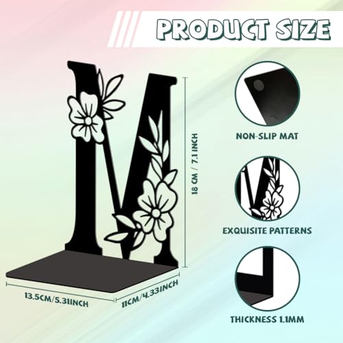 Peacoblue Metal Bookends for Shelves, Modern Decorative Heavy Duty Study Book Ends Stoppers for Office Desk Shelf, Room 5.3"x4.3"x7.1" Cast Iron Tall Bookends 1 Pair (Letter M with Flowers) - style: Letter M with Flower