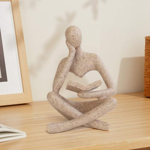MAOBUYOU Bookshelf Decor Thinker Statue, Abstract Art Reading Sculpture Figurine, Modern Home Decoration for Living Room Office Shelves Coffee Table Desk, Beige