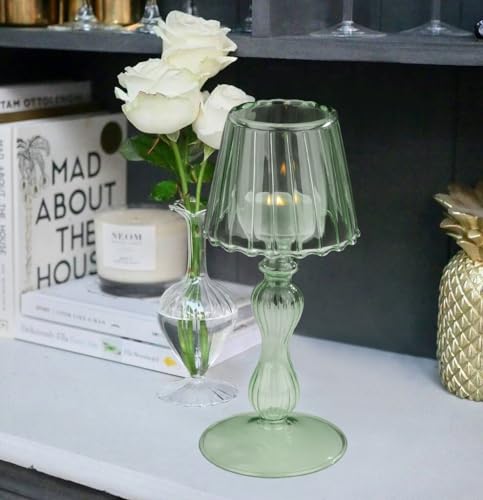 Gurfuy Desk Lamp Shaped Glass Candle Holder - Glass Hurricane Candleholder Crystal Decorative Candle Stand for Table Wedding Dinning Centerpieces Party Supplies Decor DarkGreen - color: Darkgreen
