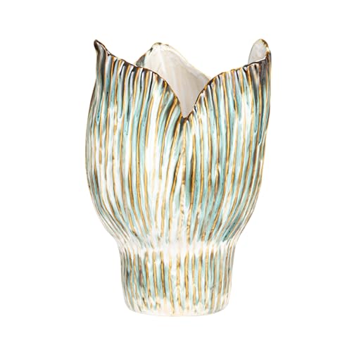 Bloomingville Stoneware Pleated Sculptural Vase with Reactive Glaze, Green and White