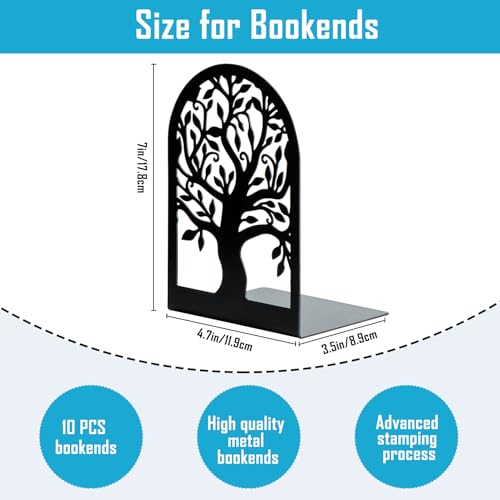 HappyHapi Book Ends, Metal Bookends for Shelves, Modern Tree Book Ends Decorative, Heavy Duty Book Holders Book Stoppers for Home Office Decor, 6.9"x4.7"x3.5" (5 Pairs/10 Pcs)
