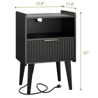 YAUKOMEL Fluted Nightstand with Charging Station, Modern Bedside Table with Drawer,Black Nightstand with Solid Wood Legs, End Table,Side Table for Living Room,Bedroom Black CTG57BKE - color: Black With Charging Station