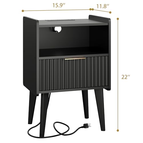 YAUKOMEL Fluted Nightstand with Charging Station, Modern Bedside Table with Drawer,Black Nightstand with Solid Wood Legs, End Table,Side Table for Living Room,Bedroom Black CTG57BKE - color: Black With Charging Station