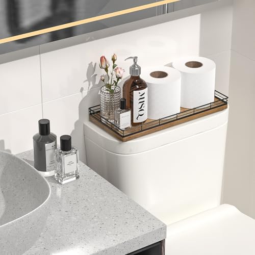 Bathroom Toilet Tank Tray, 13" Wood Toilet Paper Storage Basket Tray Back of Toilet Basket Organizer,Vanity Tray for Perfume Makeup Candle Decor, Black & Farmhouse Brown - color: Black & Farmhouse Brown, size: 13" x 6.5" x 1.5"