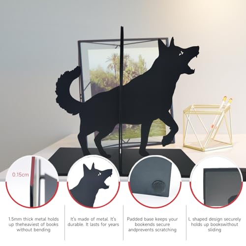 ENCIMART Wolf Book Ends Decorative for Shelves, Black Metal Bookend Supports for Heavy Books, Book Stoppers for Home Office Desktop Organizer for Men and Book Lovers Gift - color: Wolf