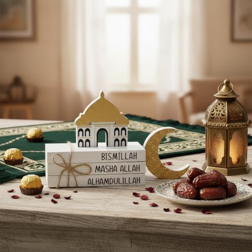 Smile Ramadan Wooden Decorations Eid Mubarak, Mini Faux Books Bundle, Ramadan Islamic Tiered Tray Muslim Party Tabletop Home Decor - style: Ramadam White