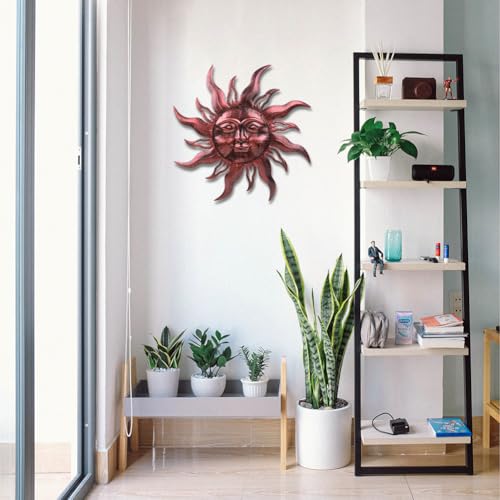 28'' Outdoor Wall Decor Rust Proof, Sun Face Metal Wall Art Decor Hanging for Indoor Outdoor, Patio, Fence, Garden(Brown) - color: Brown-Sun