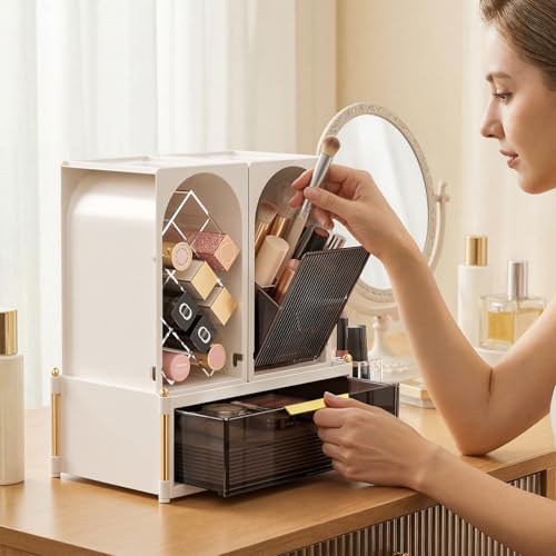 INVSSENE Stackable Makeup Organizer Countertop, Storage Perfume Skincare Cosmetic Lipstick Face Mask Makeup Brush Palettes, Ideal for Vanity Bathroom Counter - color: Coffee+White 3515