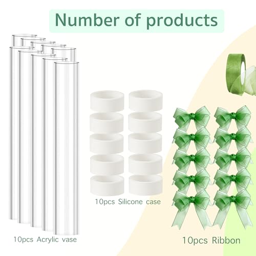 10 PCS 7.9” Acrylic Vase Cylinder Bud Vase for Taper Candlesticks, Flower Vase with Silicon Rubber and 10 Ribbon Case Fit in Candle Holders Size 20-22mm, Create Floral for Tablescapes, Home Decor