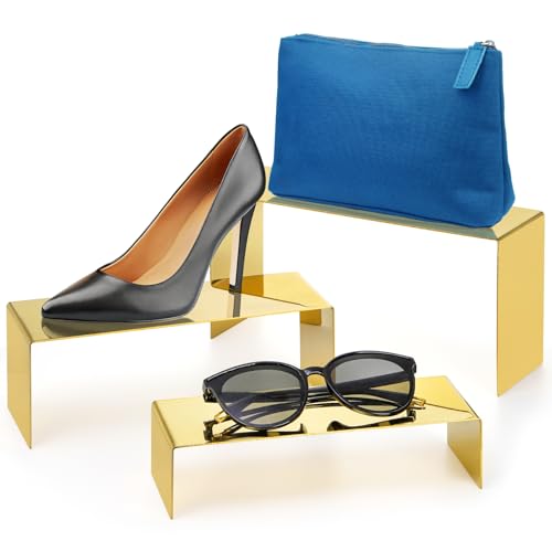 Hedume Set of 3 Shoe Handbag Display Stand, Gold Stainless Steel Purse Display Risers, Countertop Risers for Perfume Handbag Shoe Jewelry Holder