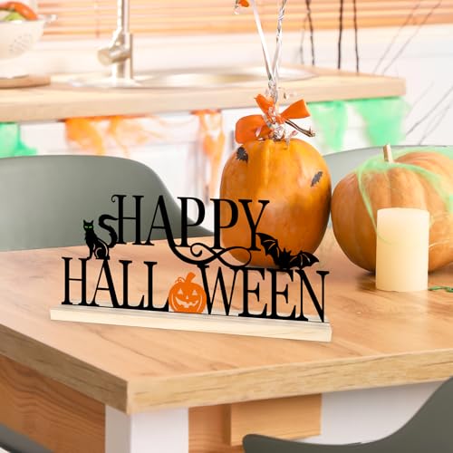 COCHIE Metal Happy Halloween Sign, Black Halloween Decorations for Home, Office, Shelf, Mantel, Indoor, Jack-o-lantern Decoration, Spooky Cat Bat Decor (Halloween) - style: Halloween