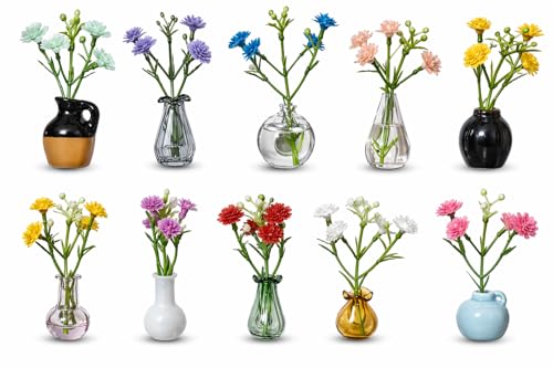 10-Pack Magnetic Mini Clear Glass Bud Vases for Fridge – Strong Magnets, Leak-Proof Propagation Vases – with 10 Faux Flowers (No Trimming) – Locker, Cubicle & Coworker Gift (Clear Glass)