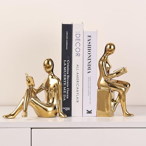 Ceramic Decorative Bookends, Book Ends for Shelves, Home Office Decor Aesthetic Statues Book Holders Stoppers for Bookshelf, Table, Bedroom Living Room Decoration (Gold) - color: Gold